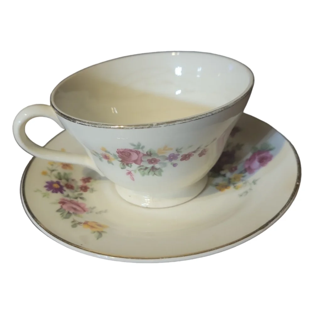 1 Vtg Edwin Knowles Tea Coffee Cup & Saucer Plate Hand Painted Gold Trim Flowers